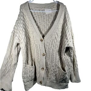 Lucky Brand Cardigan Sweater Women XL Cream Cable Knit Cotton Blend Boho